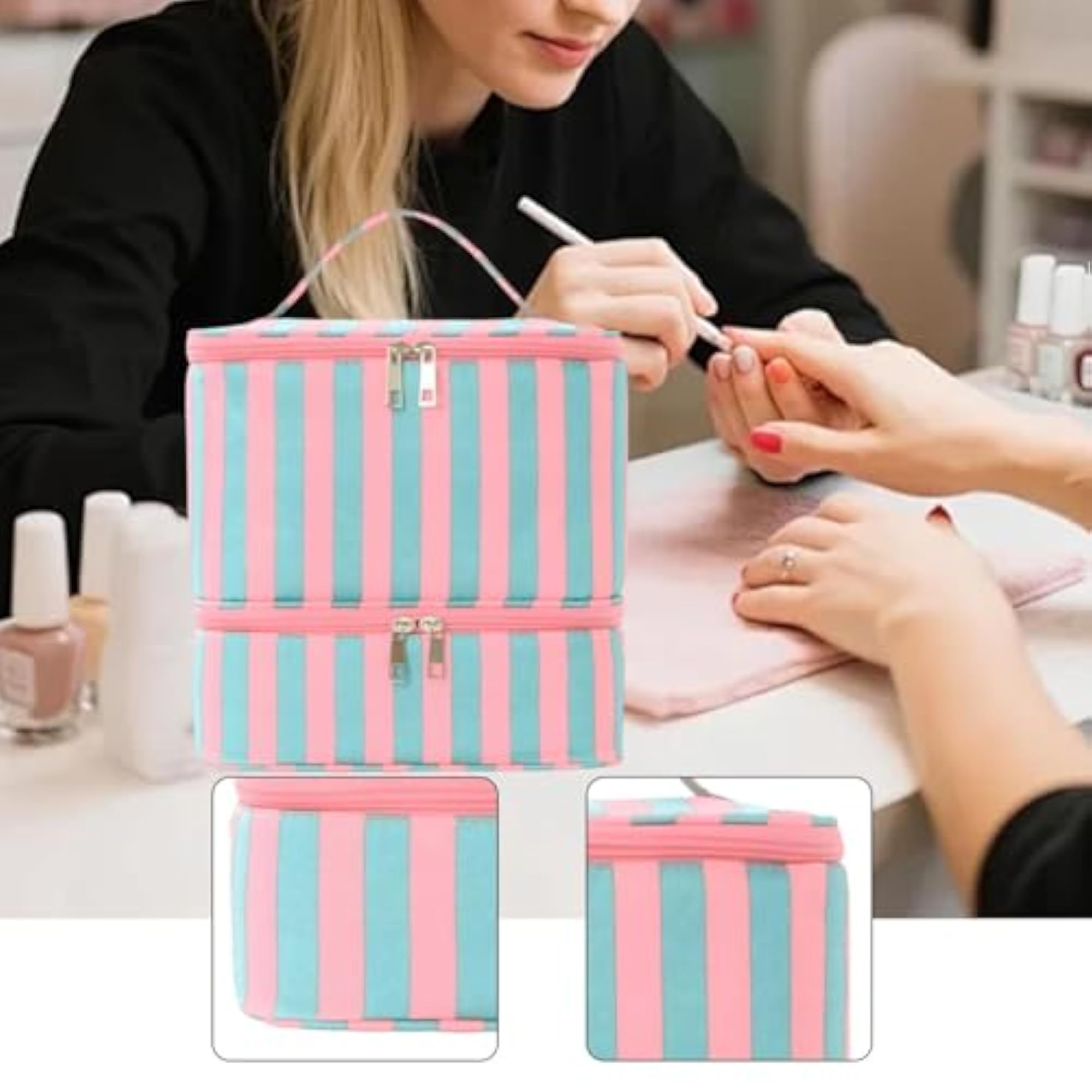 Nail Polish Carrying Case Portable, Blue Pink Stripes