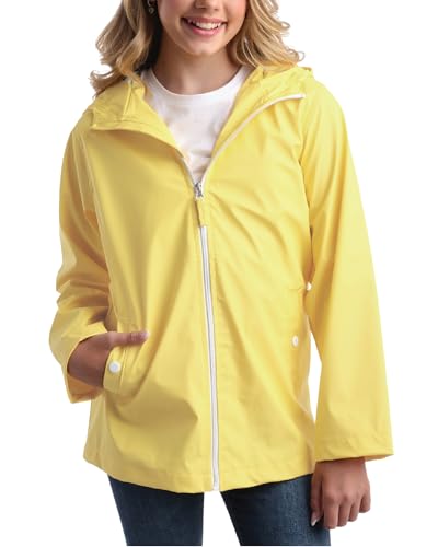 Image of Pink Platinum Girls Rain Jacket - Lightweight Full Zip Up Hooded Wind and Water-Resistant Raincoat for Girls (Sizes: 7-16), Size 5-6, Soft Yellow