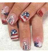 Independence Day Press on Nails Short Square Fake Nails Red Blue False Nails with Glitter French ...