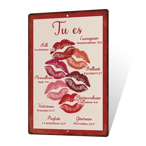 Putuo Decor Plaque Métal Biblique Femme – Tu es belle courageuse brillante – Versets bibliques en français avec empreintes de lèvres – Déco murale...