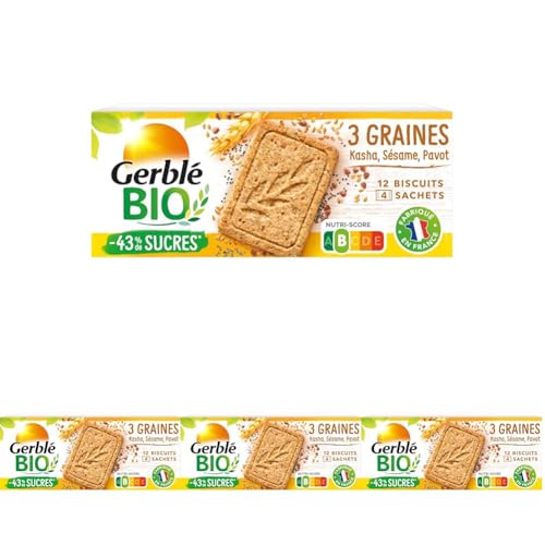 Gerblé Bio, Sablés bio aux 3 graines saveur Sésame Kasha Pavot, Allégés en sucres, Sans huile de palme, 4 Paquet de 12 Biscuits, 132g, 216080