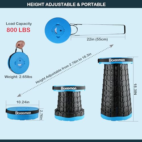 Image of Boreeman 2026 Upgraded Collapsible Stool Lightweight Yet Sturdy with Load Capacity 800lbs Portable Folding Stool for Camping Fishing Hiking BBQ (Blue)