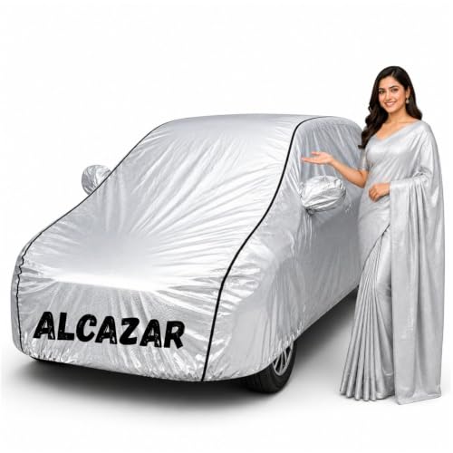 Image of Waterproof Car Body Cover for Alcazar All Weather Protection Comes with Inner Cotton Lining & Triple Stitched with Mirror & Antenna Pocket Belt & Elastic Fit Metallic Silver with Black Piping