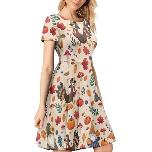 Image of Forchrinse Rooster Pumpkin Dress for Women Midi Tank Dresses Elegant Party Dresses Short Sleeve Flowy A Line Sundress Thanksgiving Midi Dress for Women Plus Size,S-4XL, Large