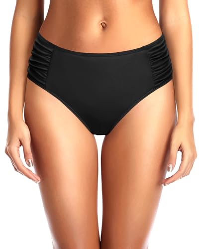 Tempt Me Women Black Bikini Bottoms Mid Waist Ruched Bathing Suit Swimsuit Full Coverage Swim Bottom M