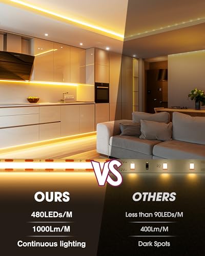 Image of EMITEVER COB LED Strip Lights Kit Warm White with Remote & 24V Power Supply,16.4ft Dimmable Tape Light 2700K, High Density 2400LEDs, 300+LM /FT, CRI90+, Suitable for Bedroom Kitchen Cabinet Lighting