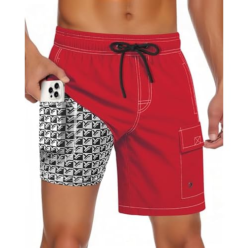 Men Swim Trunks with Compression Liner Quick Dry Breathable Multi Pockets for Summer Beach Cruise Water Park Medium Ruby Red
