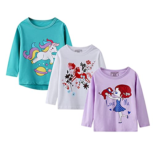 Toddler Girl Long Sleeve Tops Tees Shirts Cotton Casual Crewneck Graphic White Green Unicorns Tunic Shirts 3 Packs Sets 2T