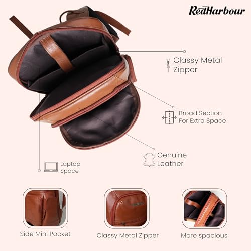 Image of Red Harbour Genuine Leather Laptop Backpack for Men & Women | Office Business Travel Backpack with Spacious Compartments, Side Pockets & Metal Zipper