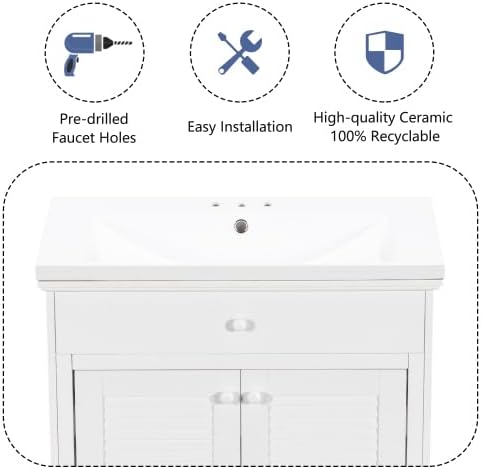 Miniatura 7 de anwickjeff Combinación de tocador de baño de 30 pulgadas con lavabo, armario de baño con 2 puertas y 1 cajón, armario de almacenamiento moderno con