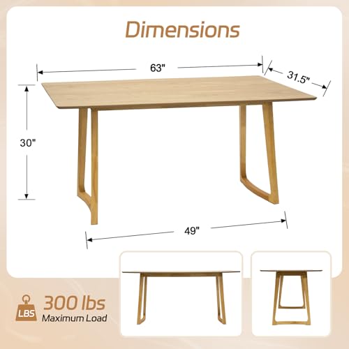 Image of HNY 63'' Rectangular Wooden Dining Table, Farmhouse Kitchen Table for 4 to 6, Mid Century Modern Dinner Table for Breakfast /Dining Room /Restaurant /Living Room, Oak