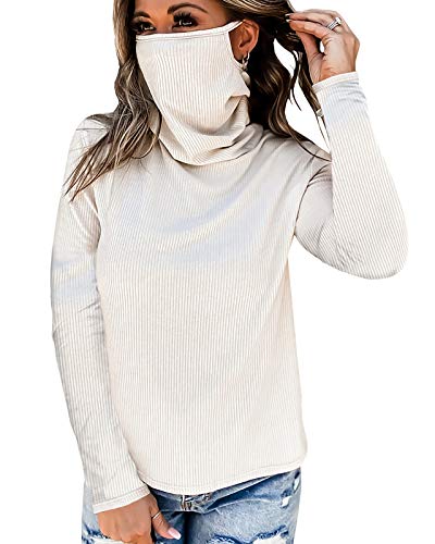 Womens Mask Knitted Long Sleeve Tops Shirts Blouse with Face Mask Bandana White