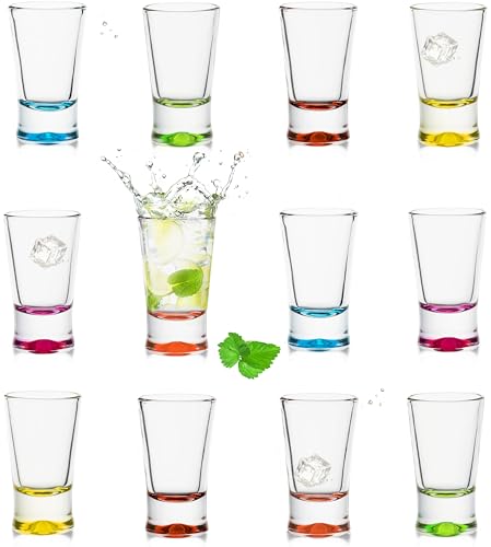 PLATINUX Shotgläser Set 12 Teilig bunt Schnapsgläser 2,5cl Tequilagläser Wodkagläser Pinnchen aus Glas