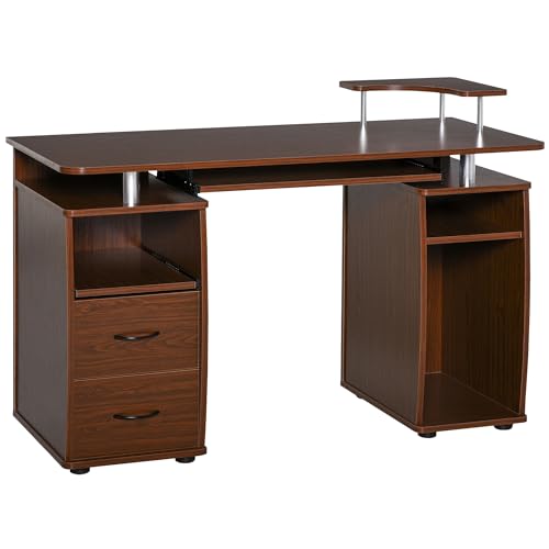 HOMCOM Scrivania per Computer Moderna Porta PC in Legno con Cassetti, Scrivania Salvaspazio Con Libreria, Mensola Estraibile e Porta Tastiera, 120x55x85cm, Marrone