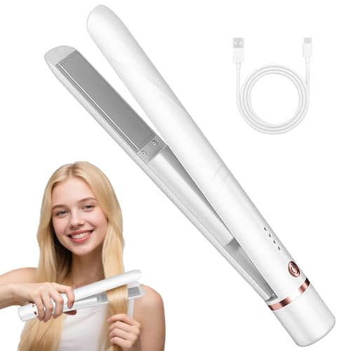 BIZOI Plancha de Pelo, Plancha Pelo Inalambrica, Plancha de pelo Portátil para Hogar, Viajes, Largo, Corto, Cabello Rizado, Liso, Corto, Flequillo, Rizado Hacia Adentro, Hacia Afuera(Blanco)