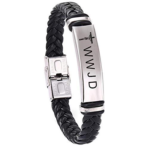 W.W.J.D Bracelet for Men,Stainless Steel Braided Leather Jesus Cross Wristband WWJD Bracelets Christian Religious Jewelry for Baptism Meditation Communion Gift,Black
