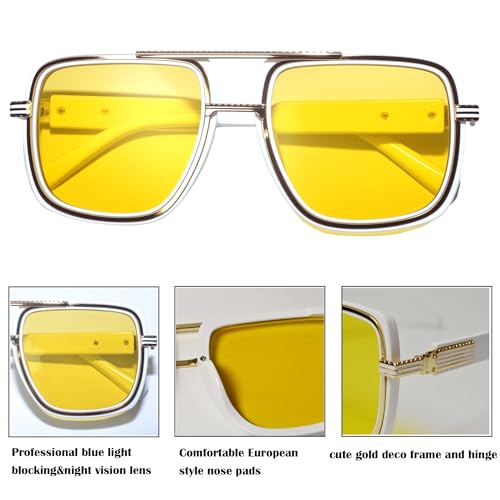 Vintage Square Night Vision blue light blocking Glasses - White Frame & Gold Accents Sunglasses with Yellow Lenses, Enhanced Contrast & UV Protection for Outdoor Activities2