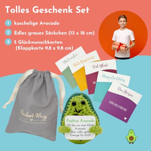 Pocket Hug Positive Avocado · Mutmachergeschenk für Freunde, Familie und Kollegen · Kreative Avocadofigur · Motivationsgeschenk & Glücksbringer deutsch · Handmade Woll-Avocado inkl. Zubehör