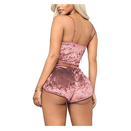 Womens Sexy Velvet 2 Pieces Babydoll Lingerie Pajama Set Outfit - Spaghetti Strap Crop Top Camisole And Shorts Bottom Strappy Sleepwear Nightwear Sweatshirt Jogging Sweatpants Suit Pink L #TOP2