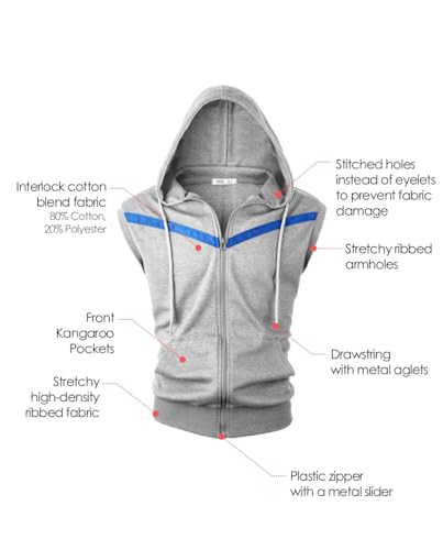 Image of Ohoo Mens Slim Fit Sleeveless Lightweight Zip Up Hooded Sweatshirt Vest Hoodie