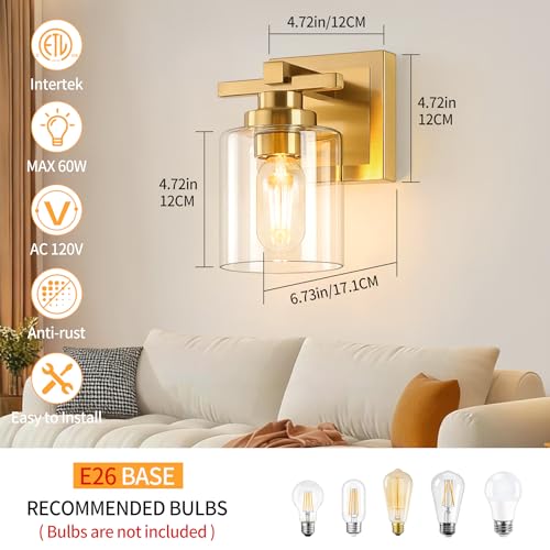 Image of Modern Bathroom Light Fixtures Over Mirror, Vanity Lights for Bathroom Wall Sconces with Clear Glass Shades, E26 Socket (Bulbs Not Included), 1 Light, Brass