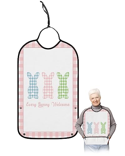 Spring Easter Adult Bibs for Eating, Waterproof Bibs with Food Catcher & Adjustable Snap Closure, Pink White Checkered Every Bunny Welcome Washable Clothing Protectors Adult Bibs for Elderly Women/Men