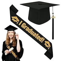 Farnirvana Abschluss Hut, 2025 Doktorhut Set mit Schärpe für Abschlussfeiern, Unisex Bachelor Hut, Akademischer Graduation Deko für Abitur Bachelor Master Abschlussfeiern - Schwarz