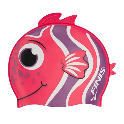 FINIS Animal Heads - Fun Swim Cap for Kids Ages 3 and Up - 100% Silicone Swim Cap with a Rippled Edge for a Comfortable, Watertight Fit Swimming Pool Accessories - Angelfish Pink