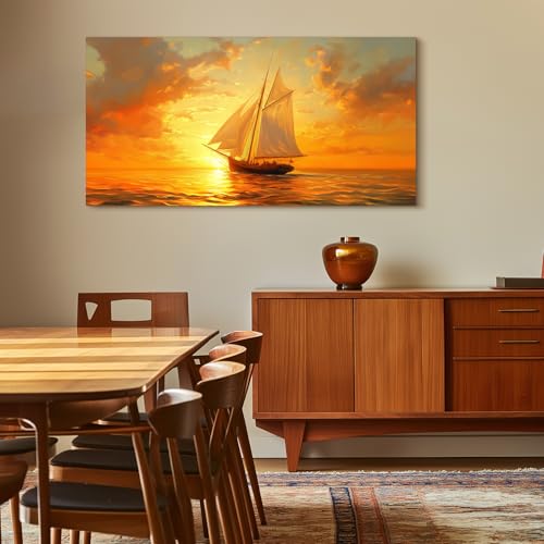 crmotu Sailboat Wall Art, Nautical Wall Decor, Large Landscape Wall Art, Seascape Painting Canvas Prints, Ocean Sunset Pictures for Living Room Bedroom Dining Room Hotel Office Artwork 24x48inch