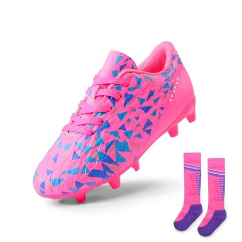 DREAM PAIRS Boys Girls Soccer Cleats Youth Firm Groud Athletic Outdoor Trainning Football Shoes with Soccer Socks 10 Toddler Fuchsia/Pink/Royal/Blue