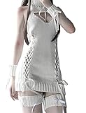 Oludkeph Japan Style Turtleneck Backless Anime Cosplay Sweater Pullover Knitted Bandage Vest with Arm Bands White