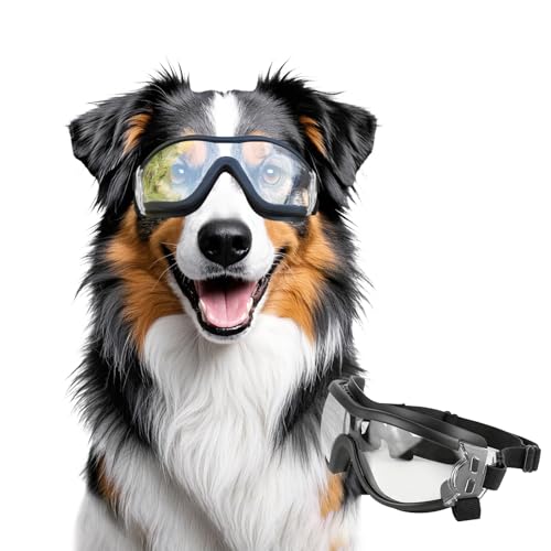 NAMSAN Sonnenbrillen für Hunde Einstellbar Hundebrille Wasserdicht Winddicht UV-Schutz Brille Hund für Mittel/Gross Hunde-Klar