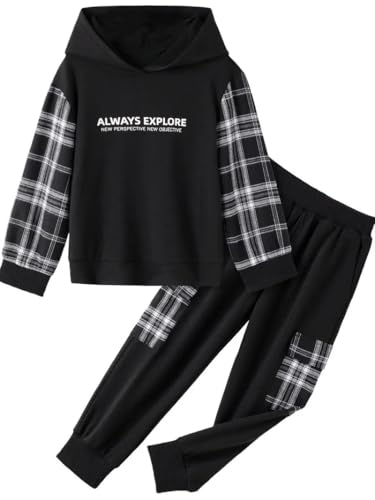 Image of OLMRJKD Toddler Baby Boy Clothes Plaid Long Sleeve Hoodie Sweatshirt + Pants 2pcs Boys Outfit Set