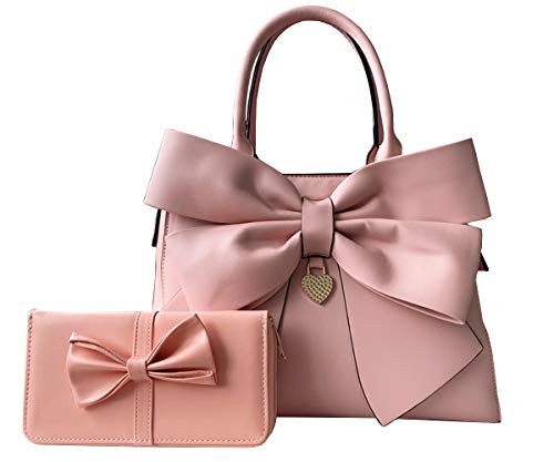 Rullar Women 2Pcs Handbag Set Bow-Knot Satchel Top-Handle Crossbody Bag Tote Wallet Purse With Heart Pendant Pink #TOP9