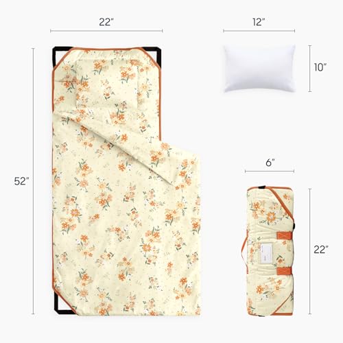 Image of Wake In Cloud - Cot Nap Mat with Pillow and Blanket, 100% Cotton Fabric, for Toddler Kids Girls Ages 3 Plus in Daycare Kindergarten Preschool with Elastic Corner Straps, Floral Flowers