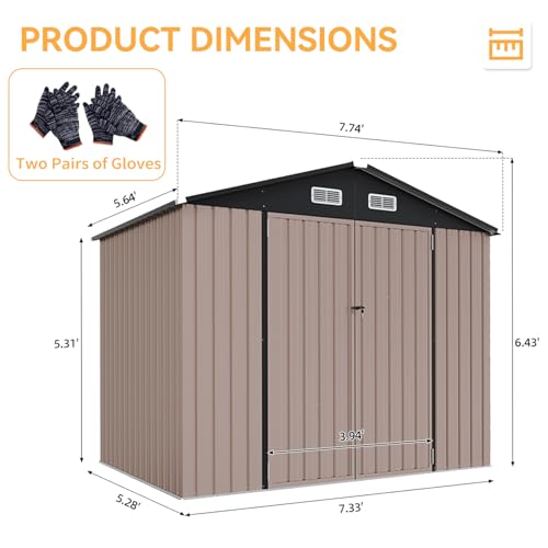 Aoxun 7x5 FT Outdoor Storage Shed with Floor Garden Metal Shed with Lockable Door Outdoor Large Shed for Tool, Garbage Can, Bike, Mower, Brown