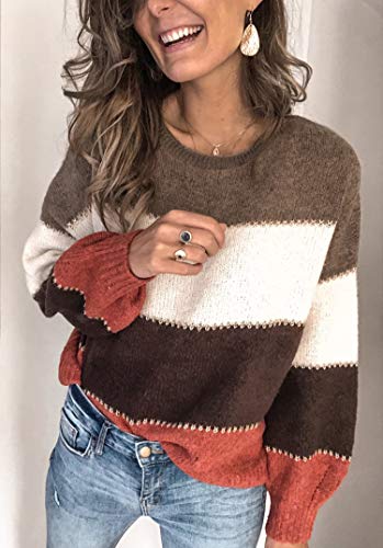 Angashion Women's Sweaters Casual Long Sleeve Crewneck Color Block Patchwork Pullover Knit Sweater Tops Khaki L #TOP2