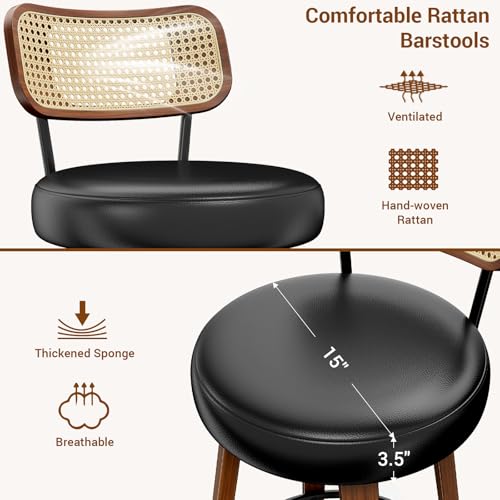 Image of YaFiti Swivel Bar Stools Set of 4, 26 inch Upholstered Barstools with Rattan Backs and Wood Legs, Modern PU Leather Counter Height Bar Chairs for Kitchen Island, Black