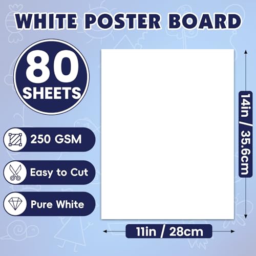 80 Sheets Poster Board, 11in x 14in White Poster Board, 250gsm Thickness Poster Paper, Poster Boards Paper Bulk for Craft, Drawing, DIY Project, Presentations, Display, Sign