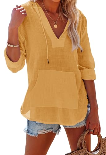 Ebifin Women's Beach Cover Up hoodies sweatshirt Long Sleeve V Neck Pocketed Hooded Shirt Top Yellow