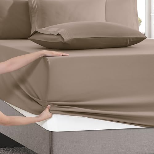 Image of Mocassi Luxury 4-Piece Sheet Set, Ultra Soft 1800 Premium Hotel Quality Microfiber Sheet Set, Fits Mattresses Up to 18 to 24 Inches Extra Deep Pocket - Breathable and Secure Fit, Twin, Taupe