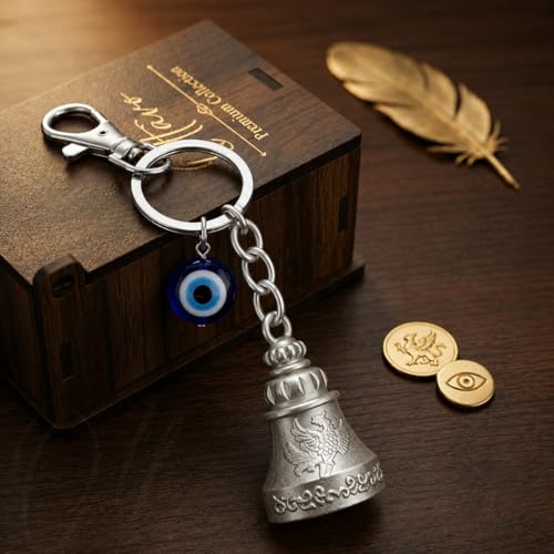 Image of OTTAVO Premium Guardian Bell Keychain for Bike & Car | Tibetan Texture Bell Keychain with Evil Eye & Silver Hook | Good Luck Charm with Laser-Engraved Wooden Gift Box
