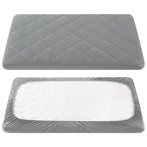 TILLYOU Pack and Play Sheet - Soft Quilted Crib Cover Pad, Toddlers Mattress Protector with 1''-3'' Deep Pocket, Thick Play Yard Playpen Sheets, Breathable Fluffy Crib Mattress Pad, 39"x27", Grey Cover
