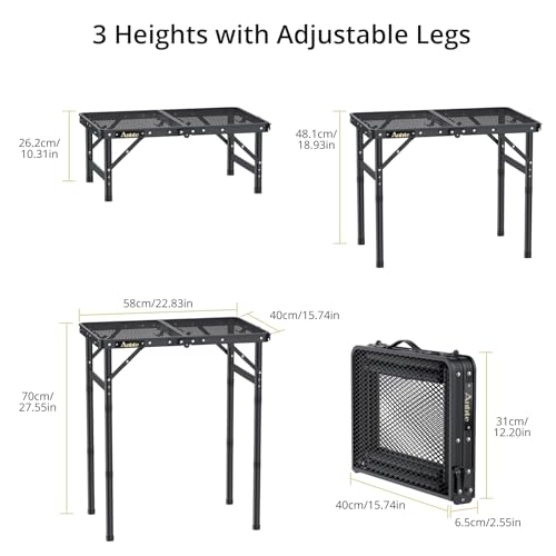 Anbte Folding Grill Table, Aluminum Camping Table Adjustable Height Max 27.5\" Picnic Table Outdoor Table, Lightweight, Portable Handle for Travel Cooking BBQ Picnic, 22.8\" x 16\", Black