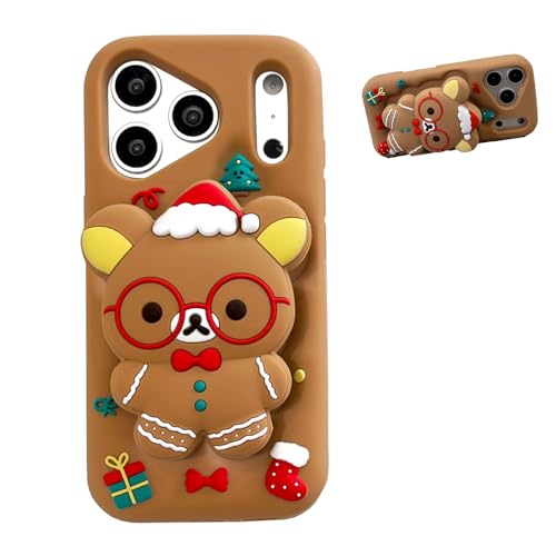 YAKVOOK Bracket Phone Case Compatible with iPhone 17，Cute 3D Cartoon Christmas Bear Holder Funny Soft Silicone Shockproof Protective Cover for Women Girls