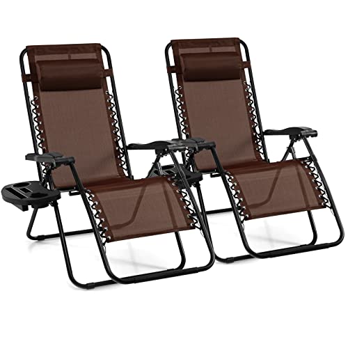 Image of Giantex 2 PCS Zero Gravity Chair, Outdoor Chaise Lounge with Cup Holder, Patio Folding Chairs Recliner for Yard Pool Lawn Balcony