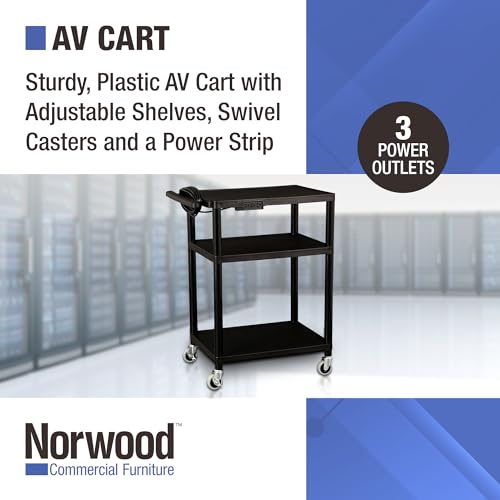 Norwood Commercial Furniture Mobile Utility AV Cart with Power Strip and Casters, Rolling Presentation and Media Cart on Wheels, Black - Thumbnail 3