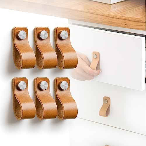 LA CHUECA POLO Tirador Cuero Marron Claro Cajon Vintage Minimalista (6PCS) Pomo Piel Argentina Puerta Armario Ropero (Medium, London)