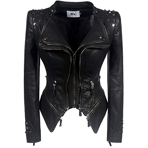 ZJX Women's classic rivet zipper dovetail leather jacket casual personalized Motorcycle Jacket (XS, Black) Cover