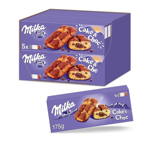 Milka Cake & Choc Bizcocho con Pepitas de Chocolate con Leche de los Alpes y Relleno de Chocolate 175 g, Pack de 16